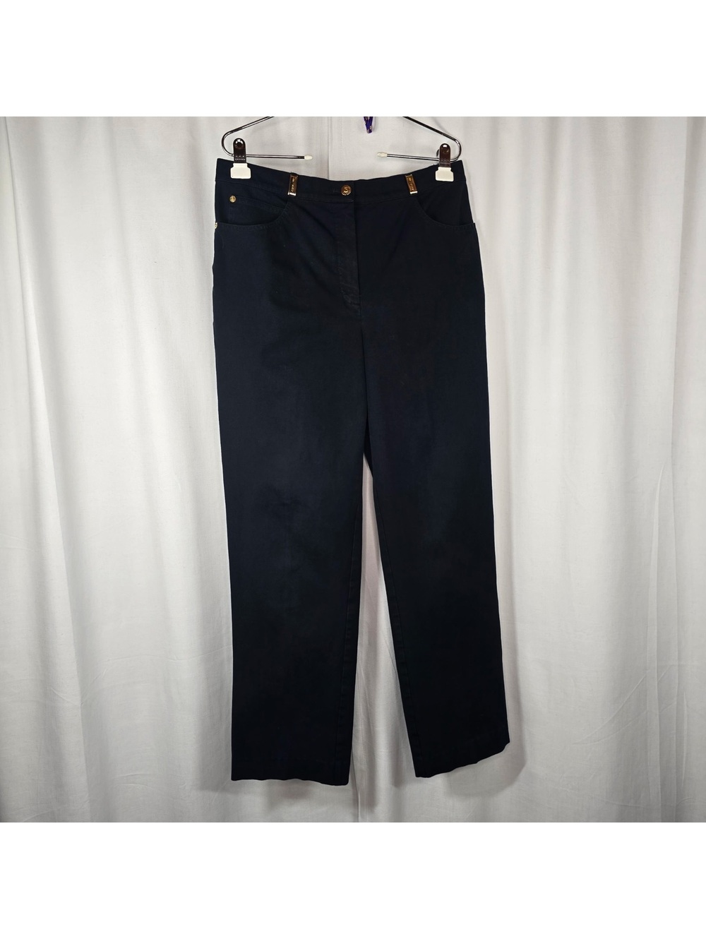 St John Sport Marie Gray Black Denim Style Pants 12 Straight Leg Gold Vintage